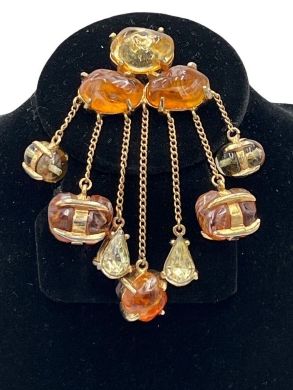 Vintage Gripoix Marbled Glass Gold Tone Chain Drop Brooch